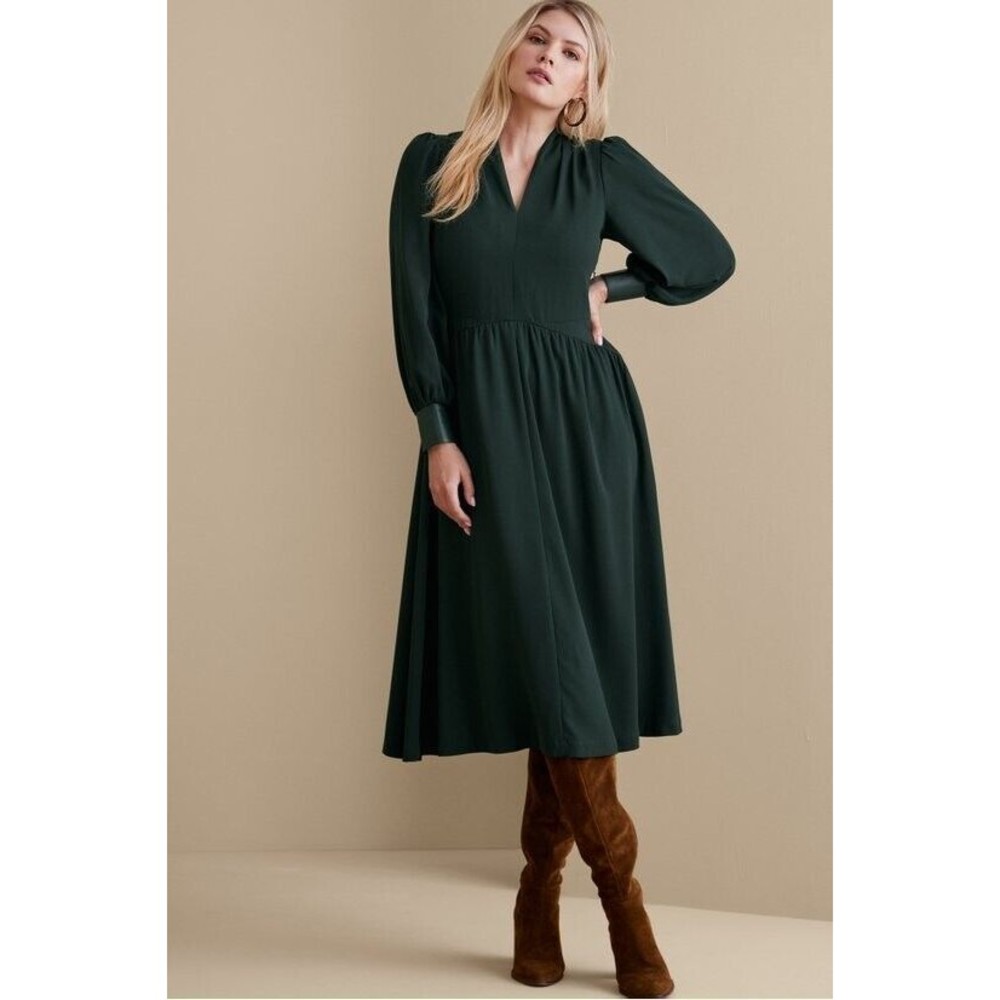 Soft Surroundings Katrina A Line Dress Women's 4 Jewel Green V Neck Midi NWT - Picture 1 of 5